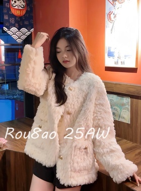 Rou8ao微胖大码女装秋冬季新款胖mm白色小香风仿羊羔毛茸茸外套