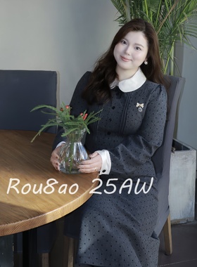 Rou8ao微胖大码女装微胖mm秋季法式气质撞色波点长袖连衣裙显瘦裙