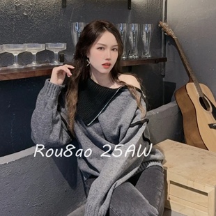 Rou8ao微胖大码 韩系大翻领露肩拉链独特设计感毛衣针织上衣 女装