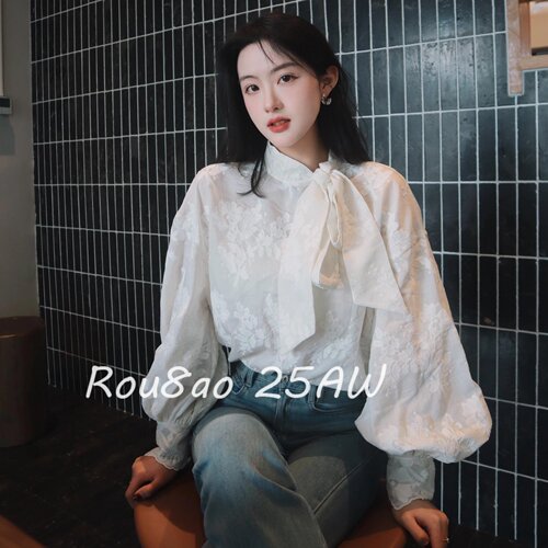 Rou8ao微胖大码女装法式精致上衣气质轻奢高级感蕾丝系带白色衬衫