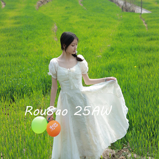 Rou8ao微胖大码 法式 高级感收腰方领连衣裙2026夏时尚 显瘦裙子 女装