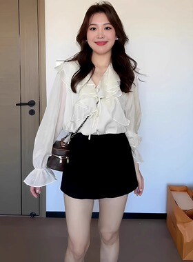 大码微胖MM女装秋季韩系甜美减龄荷叶边V领长袖衬衫女温柔气质