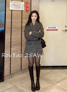 Rou8ao微胖大码女装韩系高级感灰色西装毛呢外套女秋冬季加厚呢子