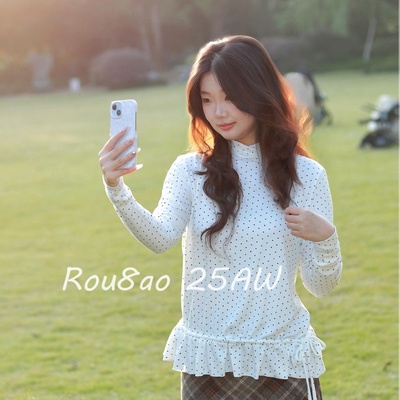 Rou8ao微胖大码女装韩式半高领木耳边波点长袖打底衫显瘦百搭上衣