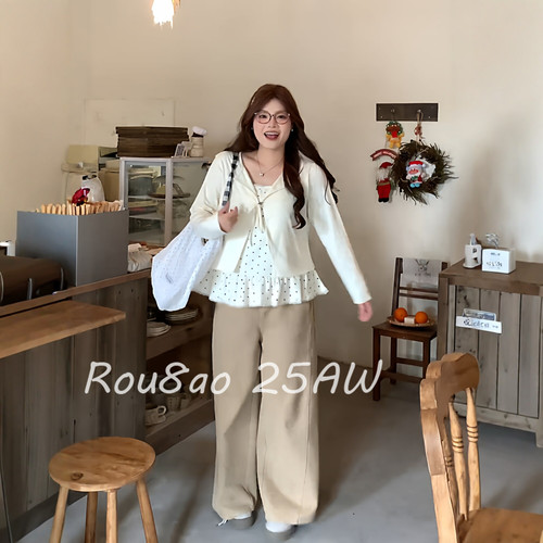 Rou8ao微胖大码女装韩系甜美蕾丝拼接波点假两件长袖上衣女2026春