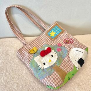 撞色帆布拼接托特包可爱卡通格子包高颜值布袋大容量通勤单肩包女