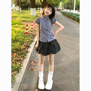 黑色花苞裤 复古少女格子套装 衬衫 夏季 裙两件套短裙小个子 收腰短袖