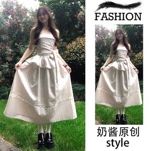 抹胸连衣裙夏季 淑女甜美ins风条纹无袖 假两件设计系带收腰长裙女