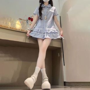 韩系学院风复古蕾丝拼接蓝色格纹衬衫 女学生 高腰半身裙两件套装