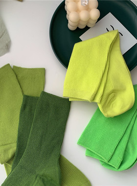 克莱因蓝色果绿马卡龙奶油纯棉堆堆袜子黑色荧光绿ins潮中筒袜女