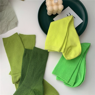 克莱因蓝色果绿马卡龙奶油纯棉堆堆袜子黑色荧光绿ins潮中筒袜女