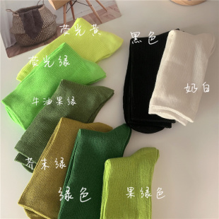 克莱因蓝色纯棉彩色袜子女中筒袜秋冬黑色荧光绿色春秋堆堆袜长袜