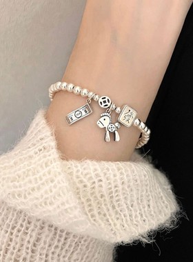 S925纯银手链女生麻将个性古法送闺蜜本命年礼物做旧精致手工手饰