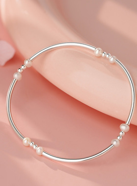 s999足银简约圆珠珍珠手链女秋冬新款法式复古优雅温柔手镯礼物