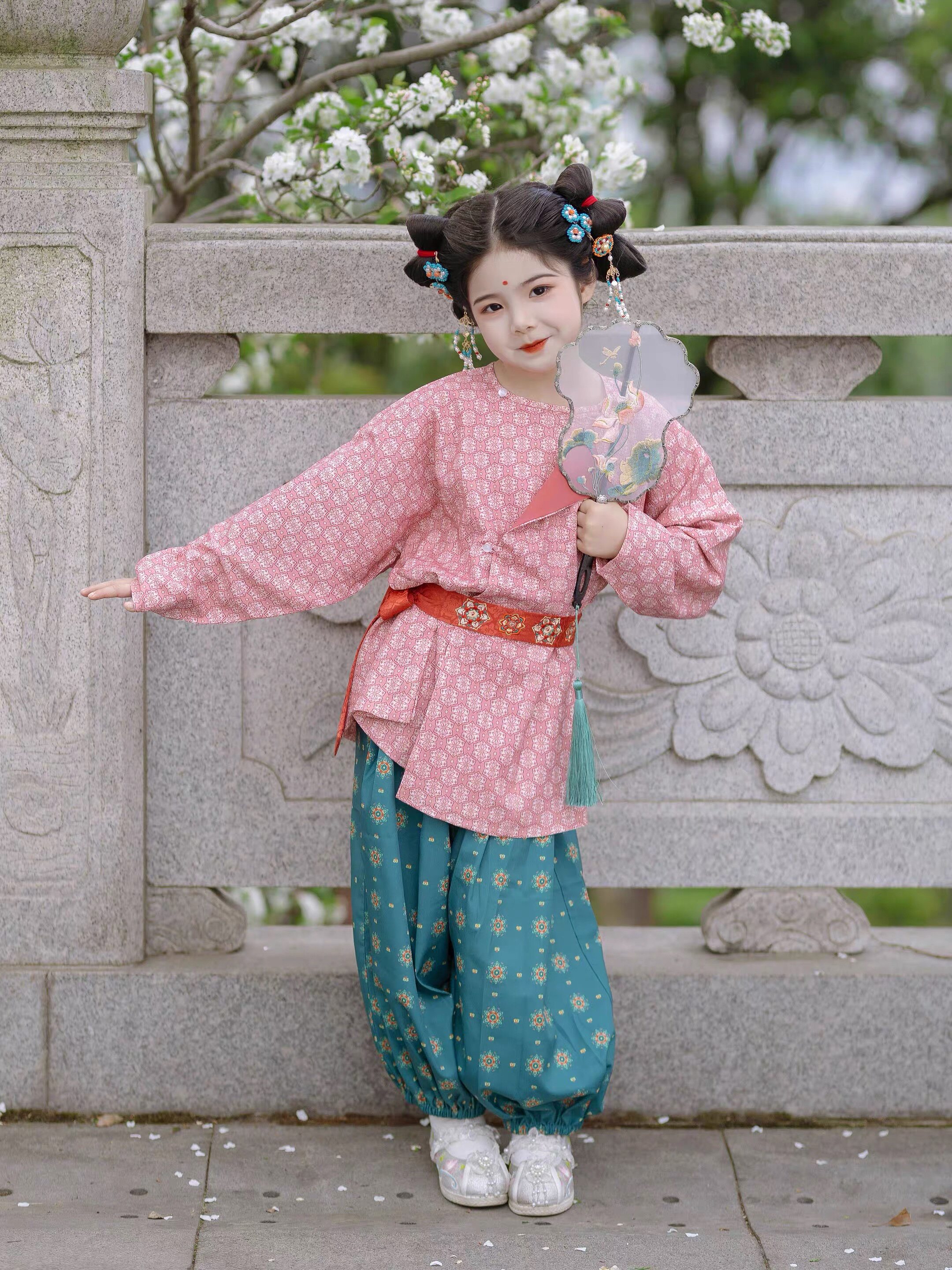 女童唐制风中长圆领袍腰带裤子汉服春夏儿童小女孩中国风高端唐装