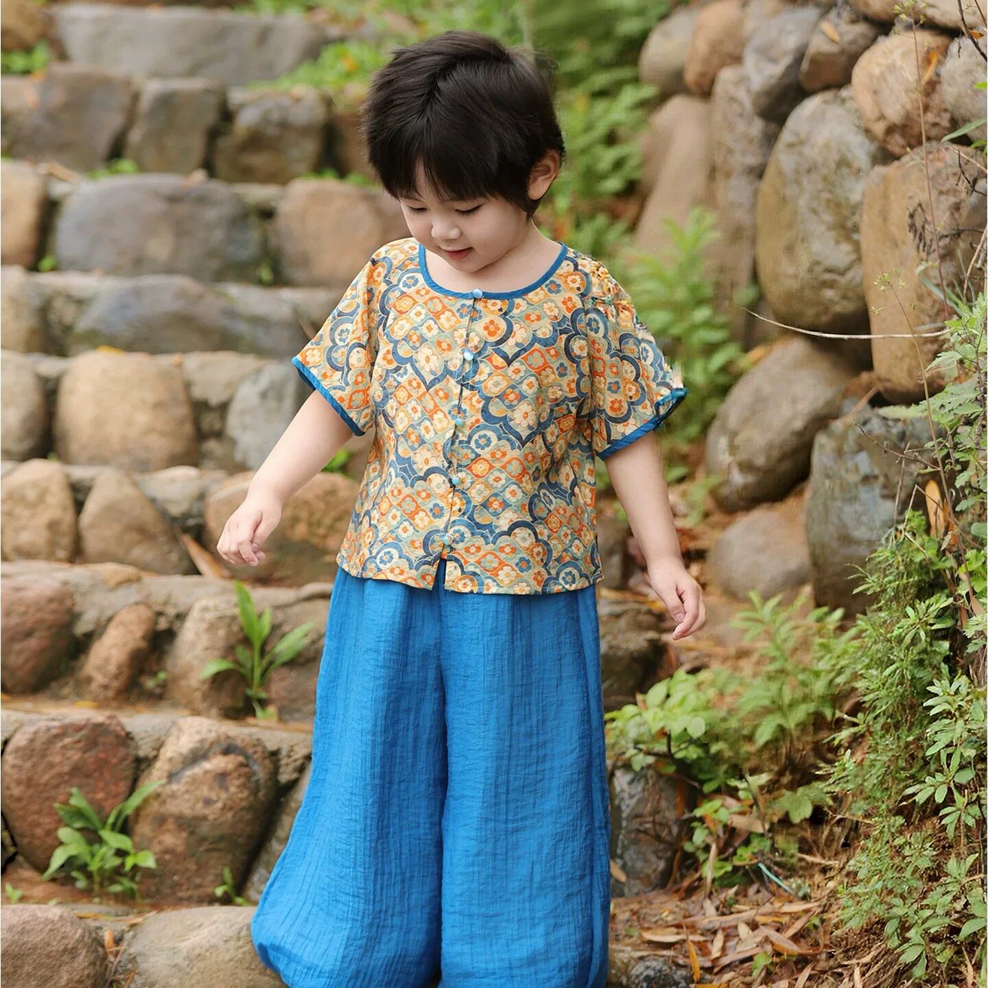男童汉服夏季短袖灯笼裤套装儿童国风演出服女童唐代圆领衫小男孩图片