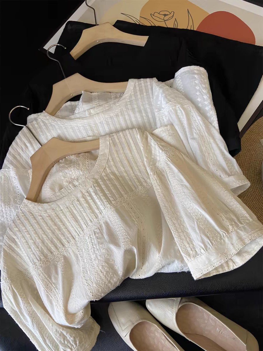 Q 첫눈에 반한 마음 24 여름 나들이 수유 자수 주름 면 100% 라운드 넥 대형 셔츠 감금 의류