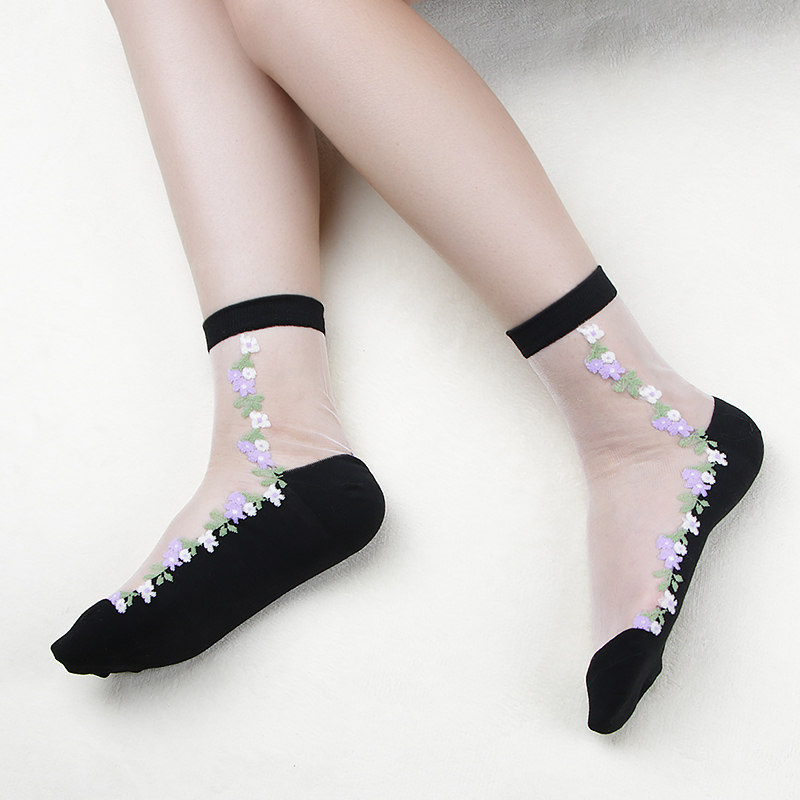 袜子女玻璃花朵透明防勾丝水晶袜
