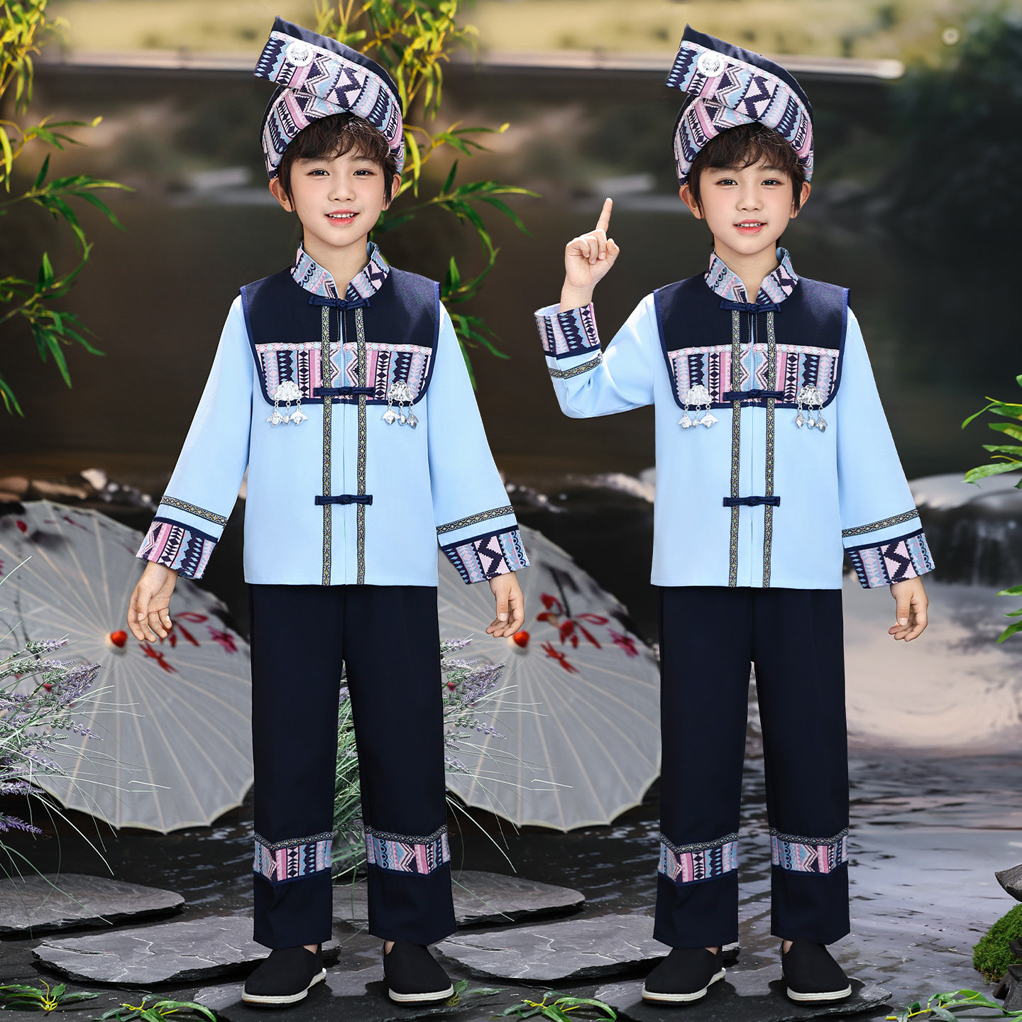 少数民族服装儿童壮族三月三女童土家族苗族竹竿舞蹈演出服饰男童