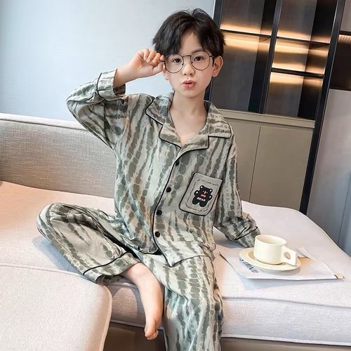 纯棉开衫春秋季男童睡衣长袖套装