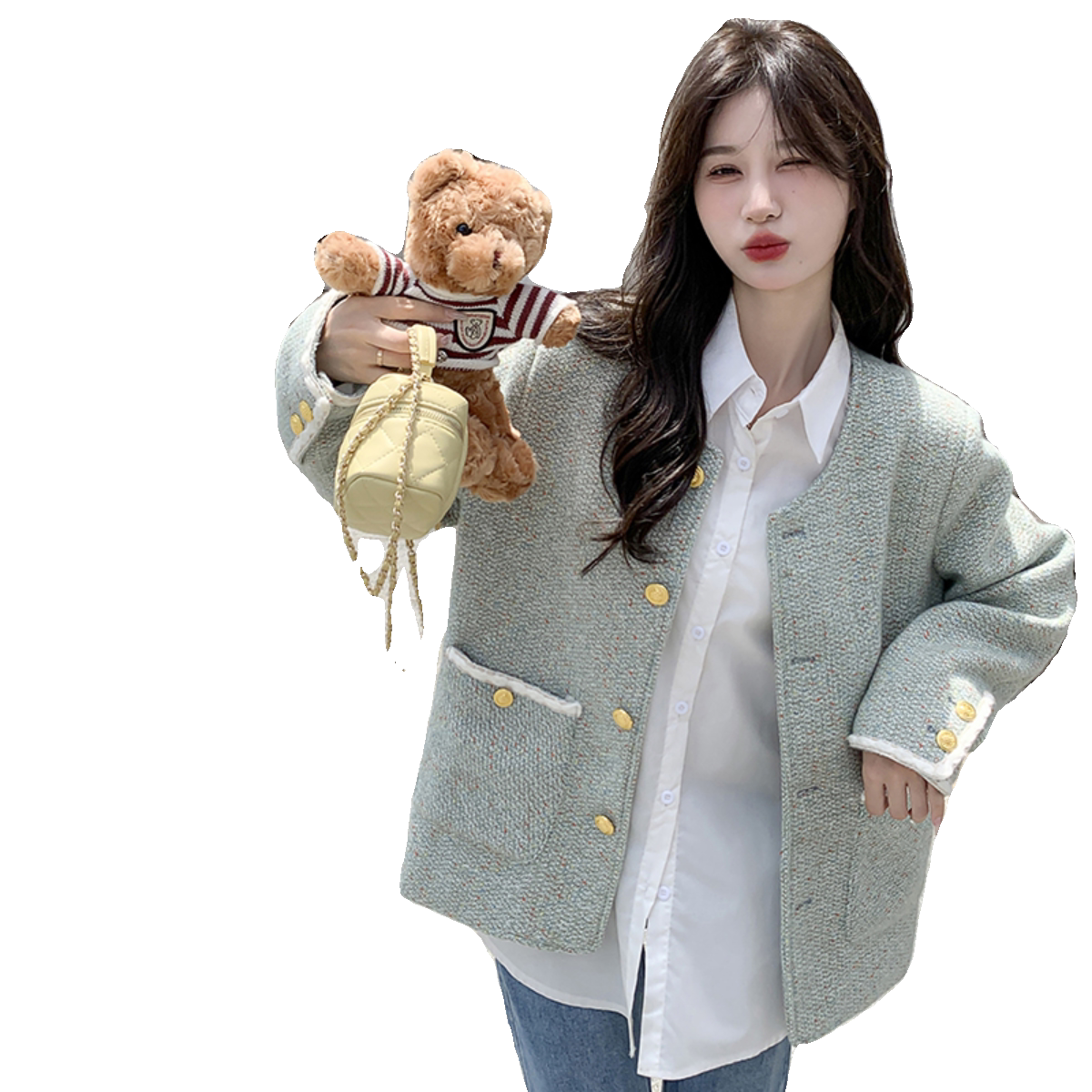 韩版时尚浅绿色小香风外套女2025春秋季新款宽松显瘦气质洋气上衣,女装毛呢外套,沁古纱衣