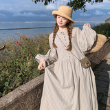 2025春季新款日系文艺复古条纹长袖连衣裙女宽松显瘦A字衬衫裙潮，女装连衣裙，沁古纱衣