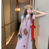 粉色卡通刺绣背心连衣裙女2025夏季新款韩系可盐可甜减龄a字长裙，女装连衣裙，沁古纱衣
