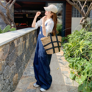 复古学院风牛仔背带裤女2025春季新款韩版宽松百搭休闲高腰阔腿裤图片