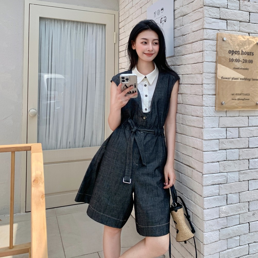 假两件拼接阔腿连体裤女夏2025新款小个子连衣裤今年流行爆款显瘦,女装连体裤,沁古纱衣