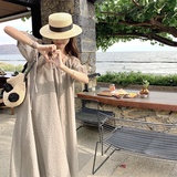 卡其色波点连衣裙夏季女2024新款法式显瘦泡泡袖高腰系带茶歇长裙，商品下架区，沁古纱衣