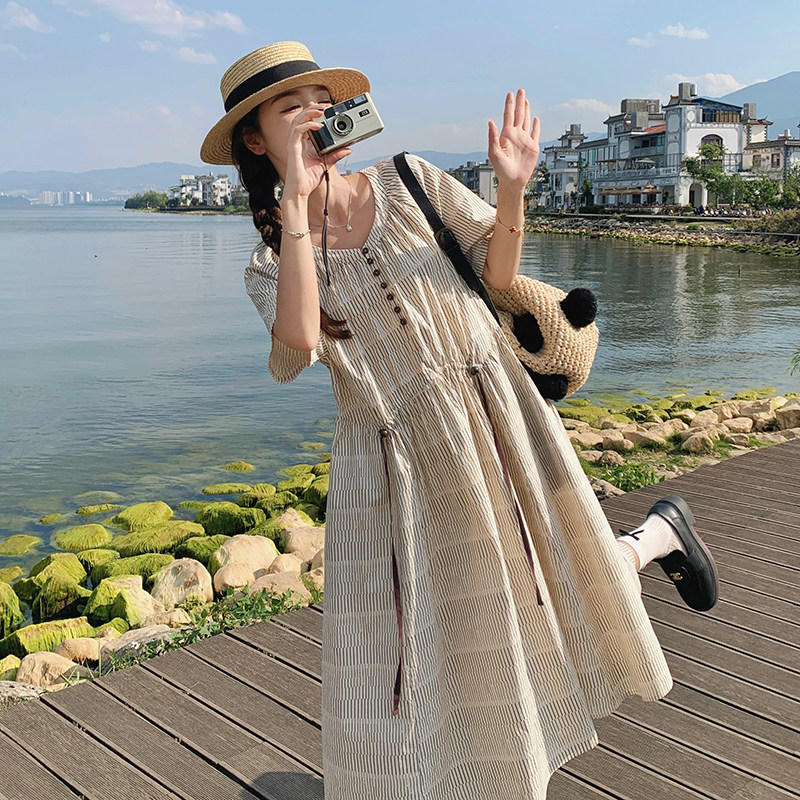 设计感休闲v领条纹连衣裙女2025夏季新款慵懒风宽松小个子A字裙,女装连衣裙,沁古纱衣
