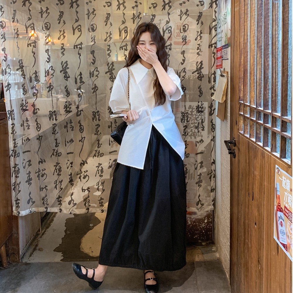 韩系时尚套装女2025夏新款设计感不规则短袖衬衫搭配半身裙两件套图片