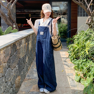 复古学院风牛仔背带裤女2025春季新款韩版宽松百搭休闲高腰阔腿裤图片