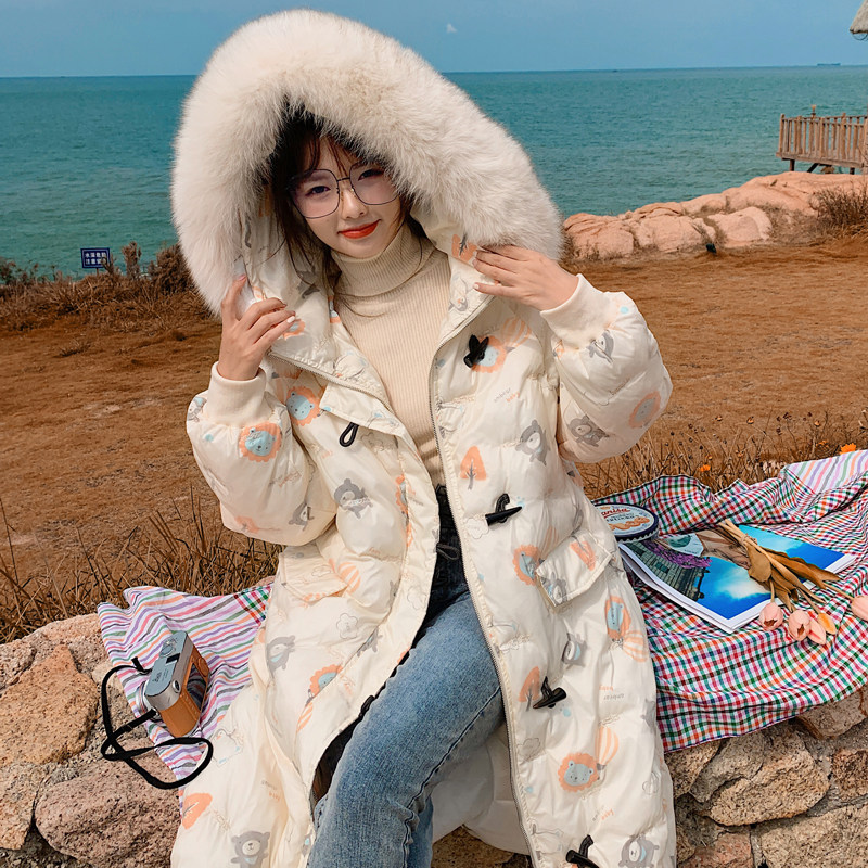 独特设计感连帽印花中长款羽绒棉服女冬超火好看加厚棉衣棉袄外套，女装棉衣/棉服，沁古纱衣