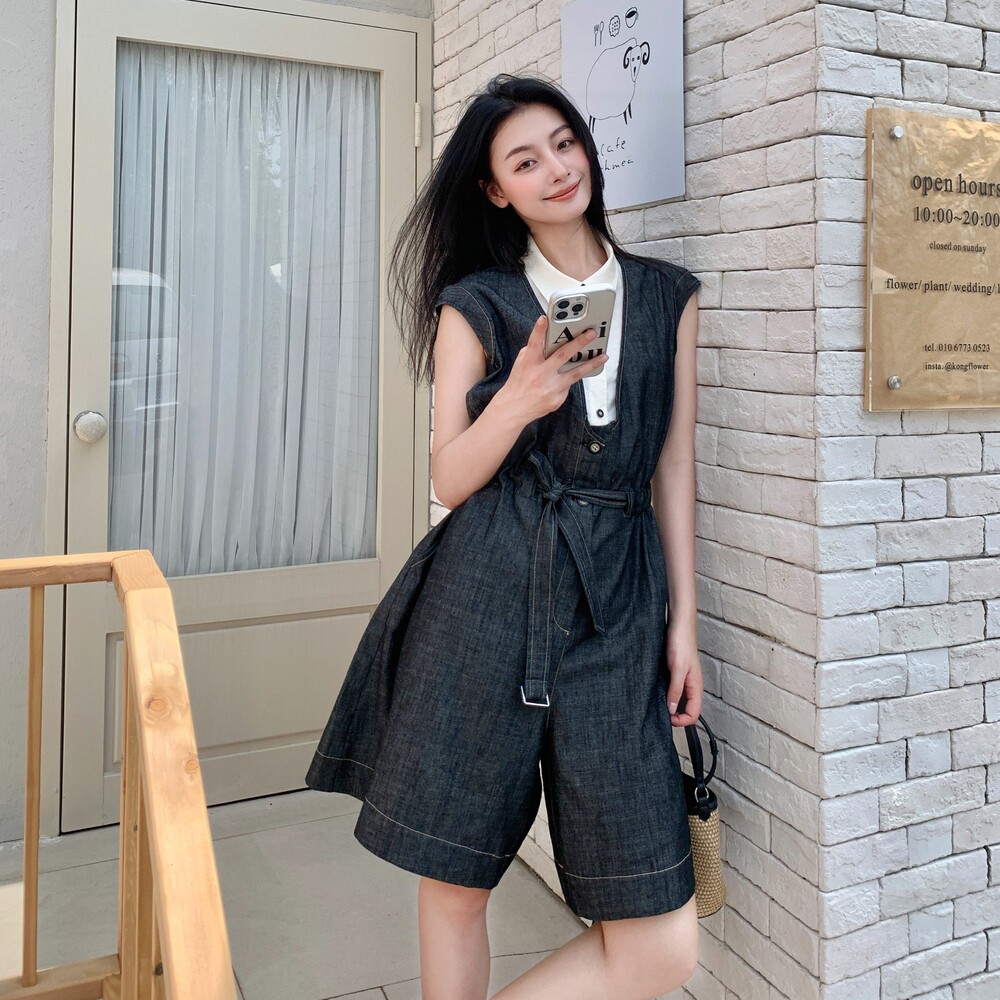 假两件拼接阔腿连体裤女夏2025新款小个子连衣裤今年流行爆款显瘦,女装连体裤,沁古纱衣