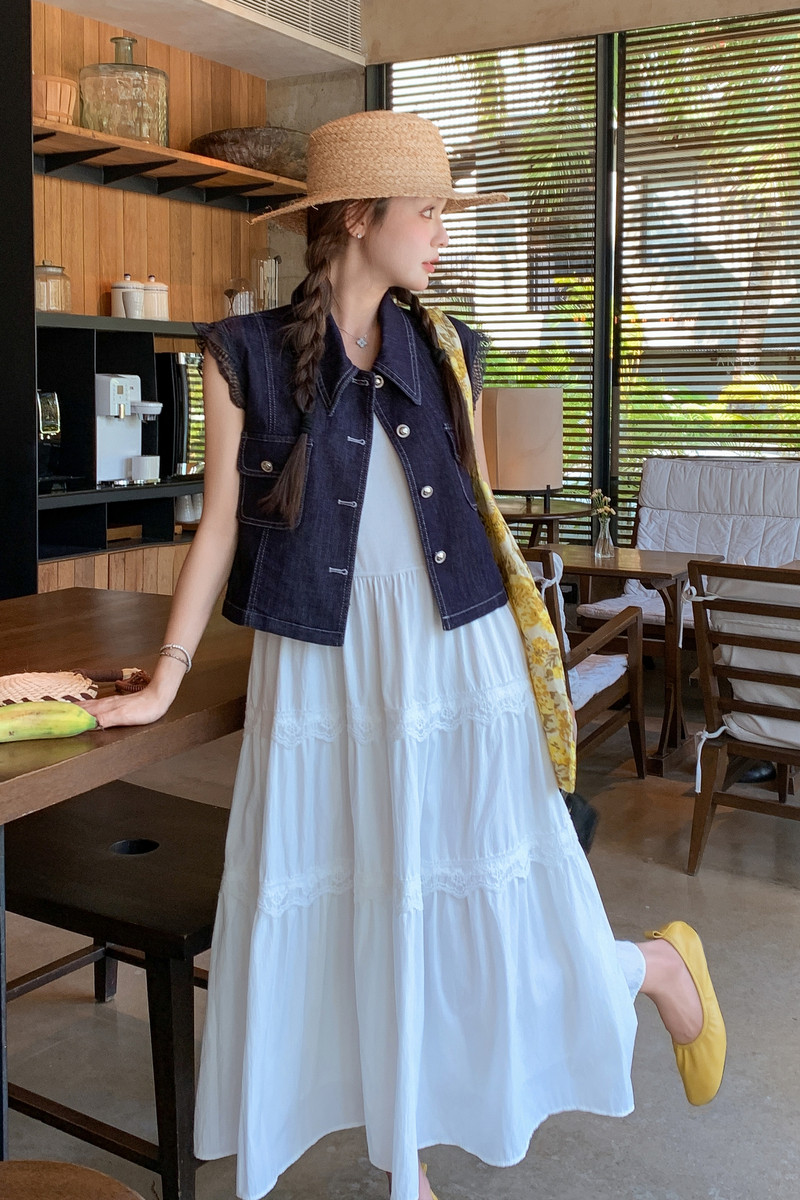 新品【现货】牛仔蕾丝马甲+吊带蕾丝蛋糕裙S627P165K248,女装套装/套裙,沁古纱衣