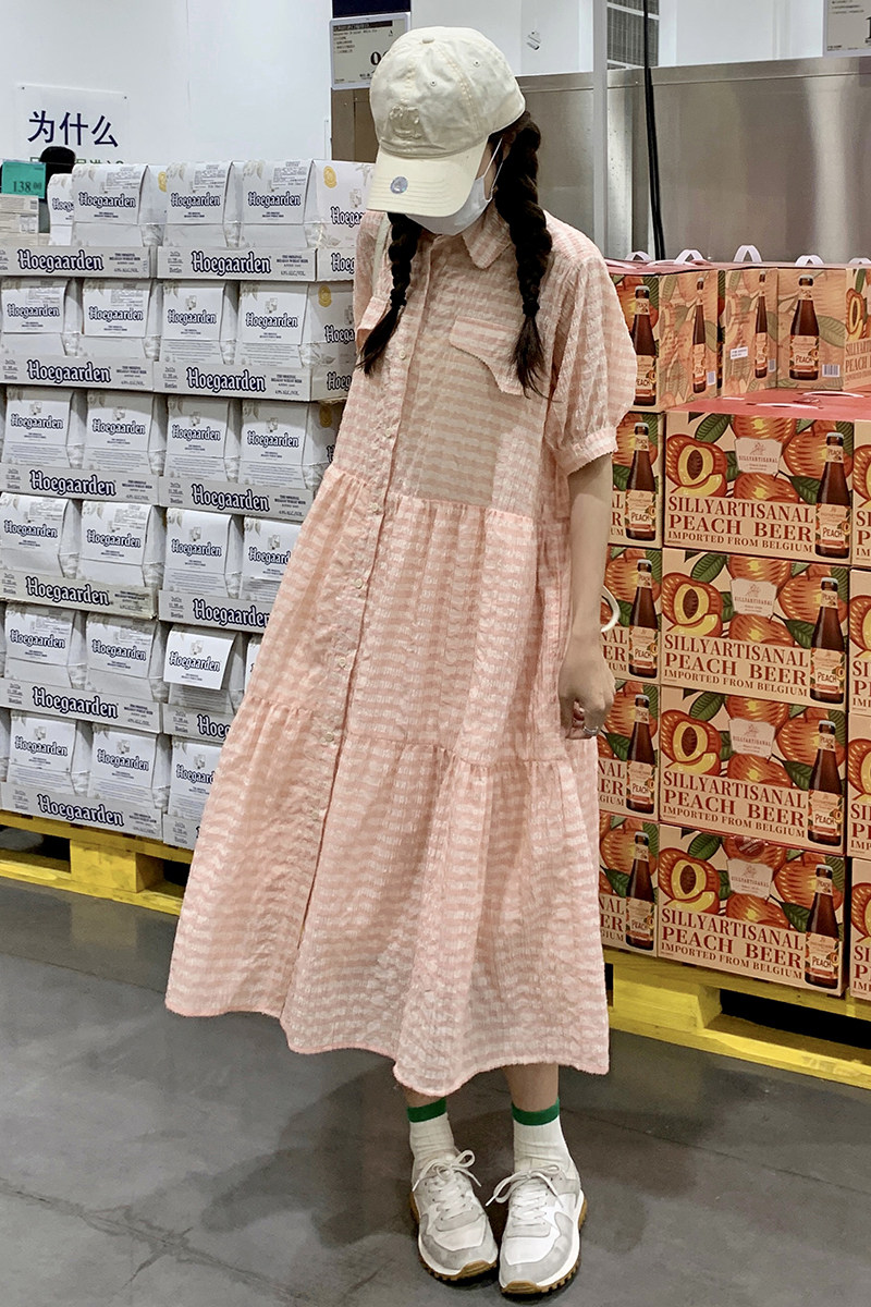 韩版慵懒风甜美条纹连衣裙女2025夏季新款宽松休闲显瘦茶歇长裙子,女装连衣裙,沁古纱衣
