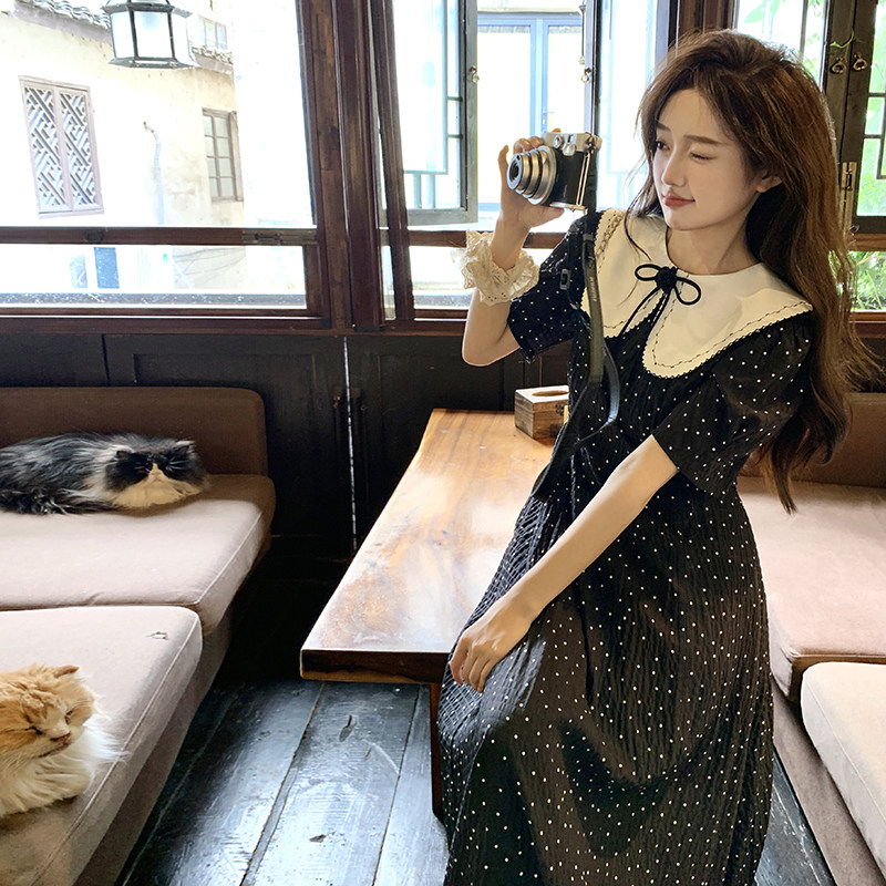 甜美黑色娃娃领波点连衣裙女2025夏季新款韩系复古收腰显瘦茶歇裙,女装连衣裙,沁古纱衣