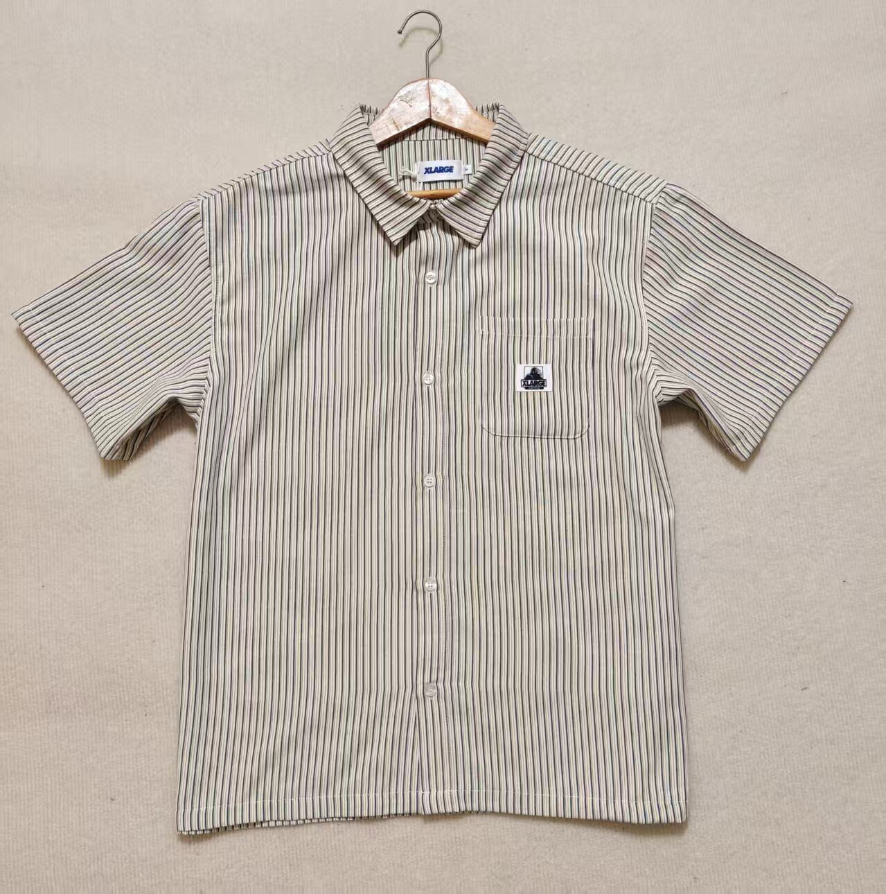 外贸出口余单XL日系条纹短袖衬衫男女翻领宽松百搭夏季上衣