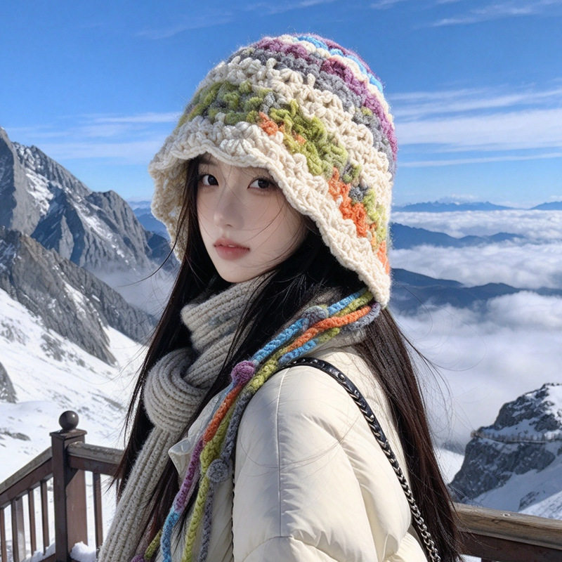 秋冬多巴胺帽子女镂空钩花护耳帽手工彩色长流苏绑带针织毛线冷帽