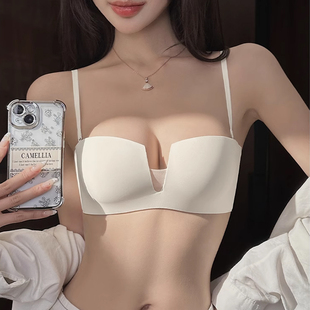 四角杯无肩带内衣女夏薄款蕾丝小胸聚拢收副乳无钢圈文胸隐形无痕