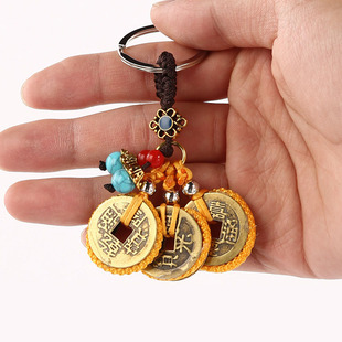 黄铜钱到家钥匙扣挂件莲花百财莲花福袋小挂件乾隆道光