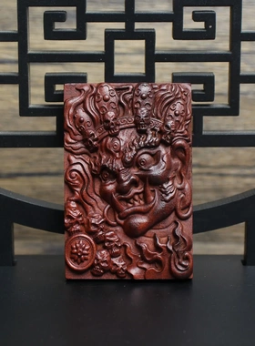 雷击枣木大黑天菩萨吊坠挂件黄财神精雕钟馗无事牌