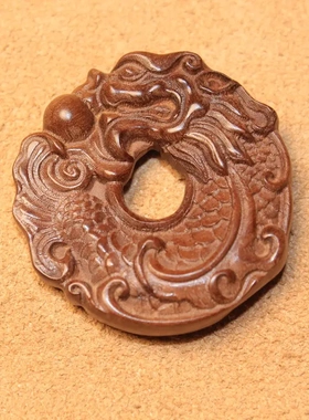 老料雷击枣木鱼化龙平安扣两面雕吊坠挂件钥匙扣可搭配绳子做脖挂