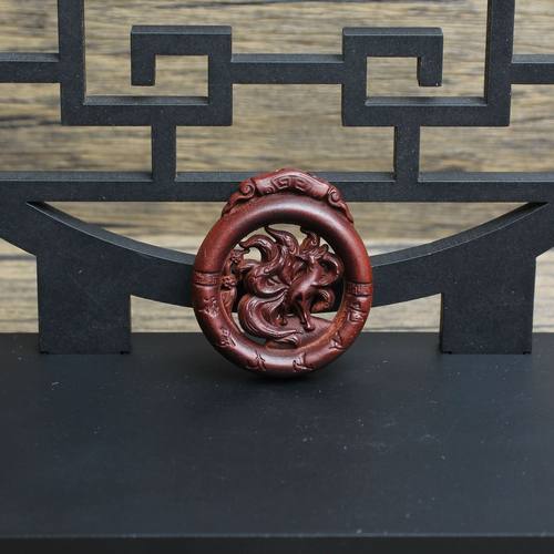 龙虎山雷击枣木九尾灵狐木牌镂空平安扣吊坠天师府狐仙堂道家挂件