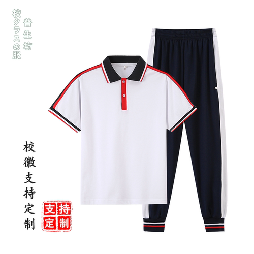 佛山西樵学生新款校服深蓝翻领短袖polo衫高中学生学院风班服套装