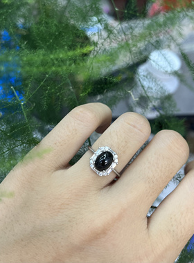 冰墨翠天然缅甸翡翠A货亏米浮力S925银嵌蛋面带钻戒指  一图一物