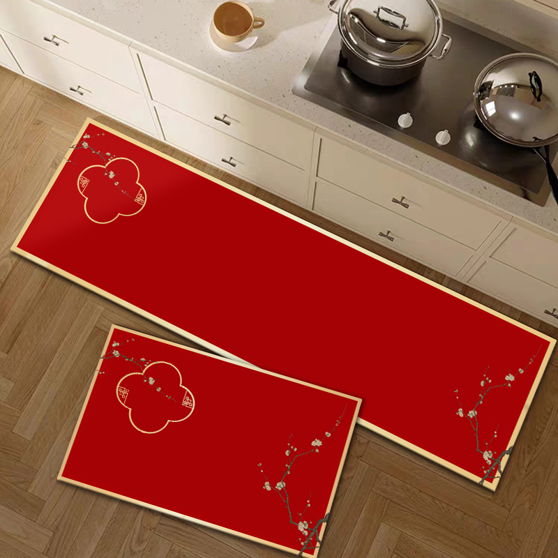 新中式厨房地垫吸油吸水喜庆红色入户门地垫门垫防滑耐脏进门地毯