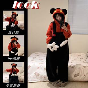 卡通米奇连体睡衣冬季珊瑚绒加绒加厚保暖女可爱睡袍家居服可外穿