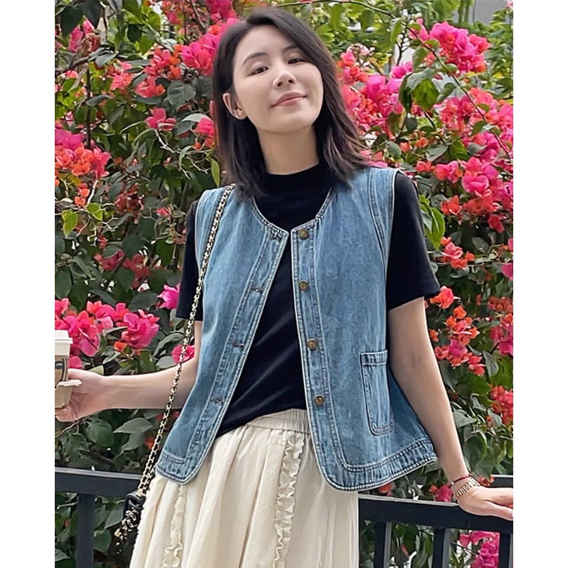 时髦洋气百搭叠穿牛仔马甲女时尚新款宽松短款小个子显瘦无袖外套